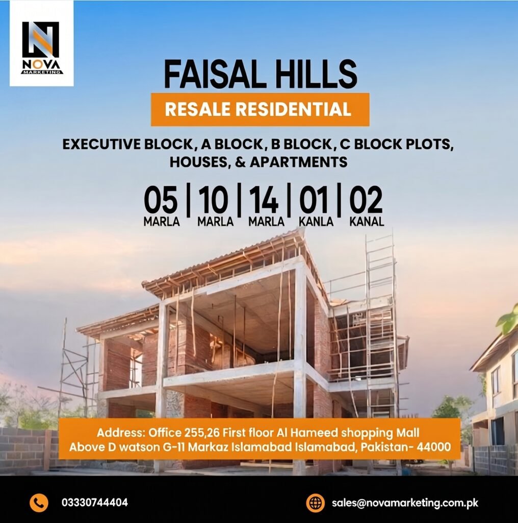 Nova Marketing infographic for Faisal Hills Resale Residential plots and houses. Lists property sizes from 5 Marla to 2 Kanal in Executive and other blocks, with an image of a house under construction.