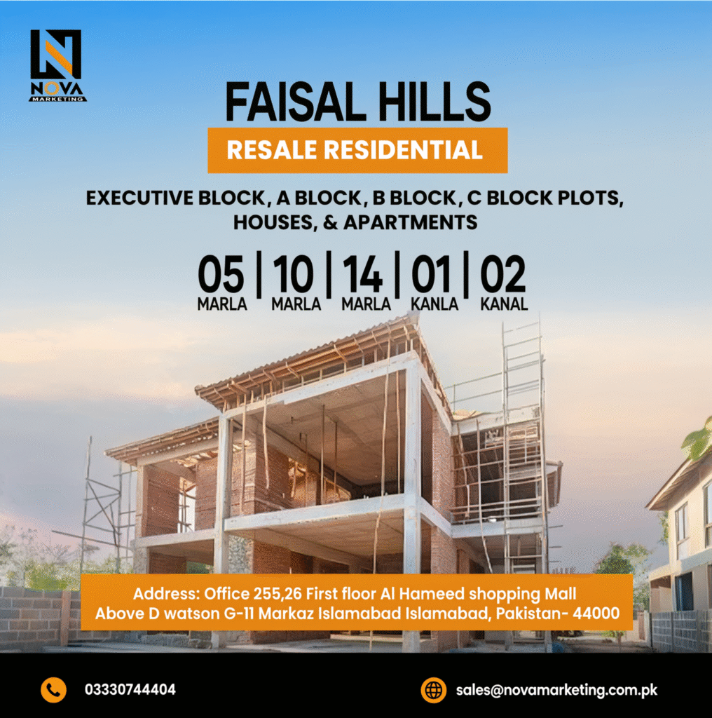Real estate ad by Nova Marketing for Faisal Hills residential resale. Features a house under construction, available property sizes from 5 Marla to 2 Kanal, and contact information.