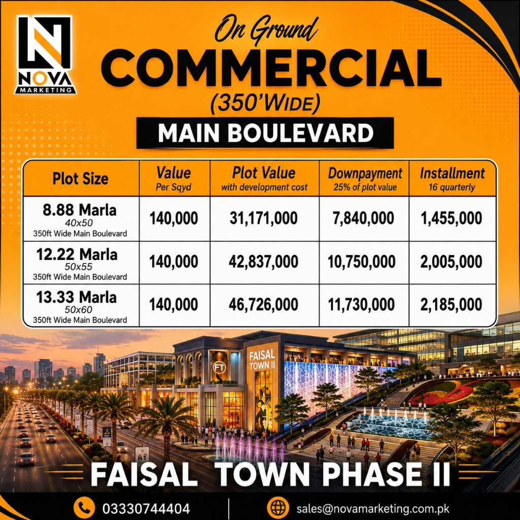 Faisal Town Phase II commercial plots for sale on 350-foot Main Boulevard, featuring 8.88, 12.22 and 13.33 Marla plots with pricing, down payment and installment plans