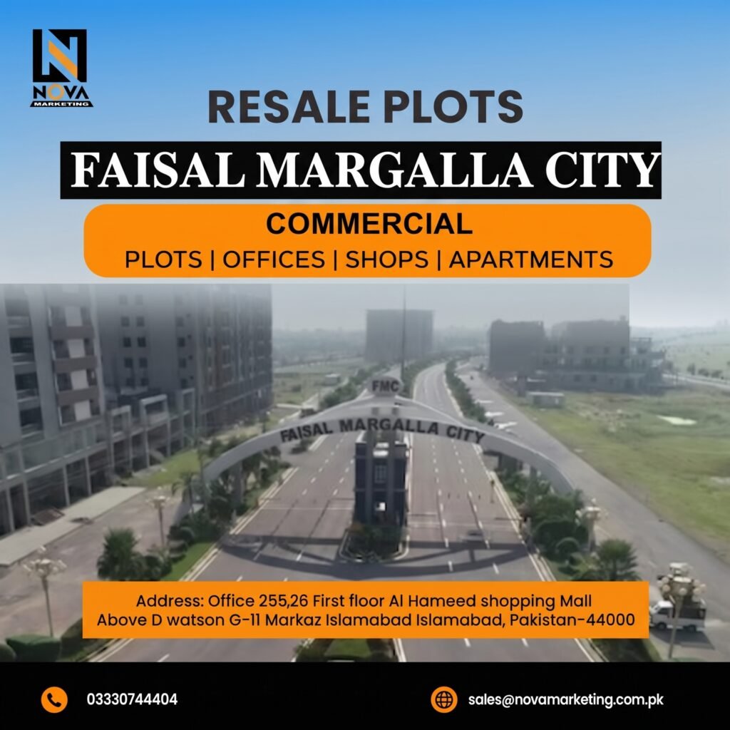 An aerial view of the entrance to Faisal Margalla City, featuring a large archway and developing buildings, with text promoting resale commercial and residential plots, offices, shops, and apartments by Nova Marketing.