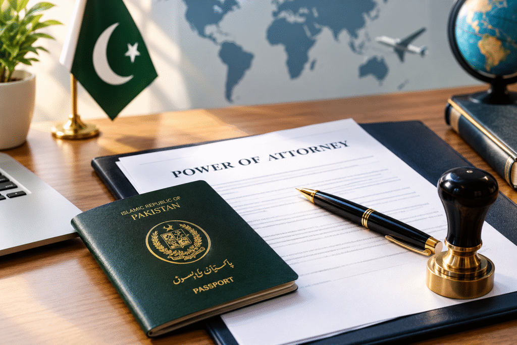 A Pakistani passport resting next to an official Power of Attorney document with a pen and notary stamp on a desk.