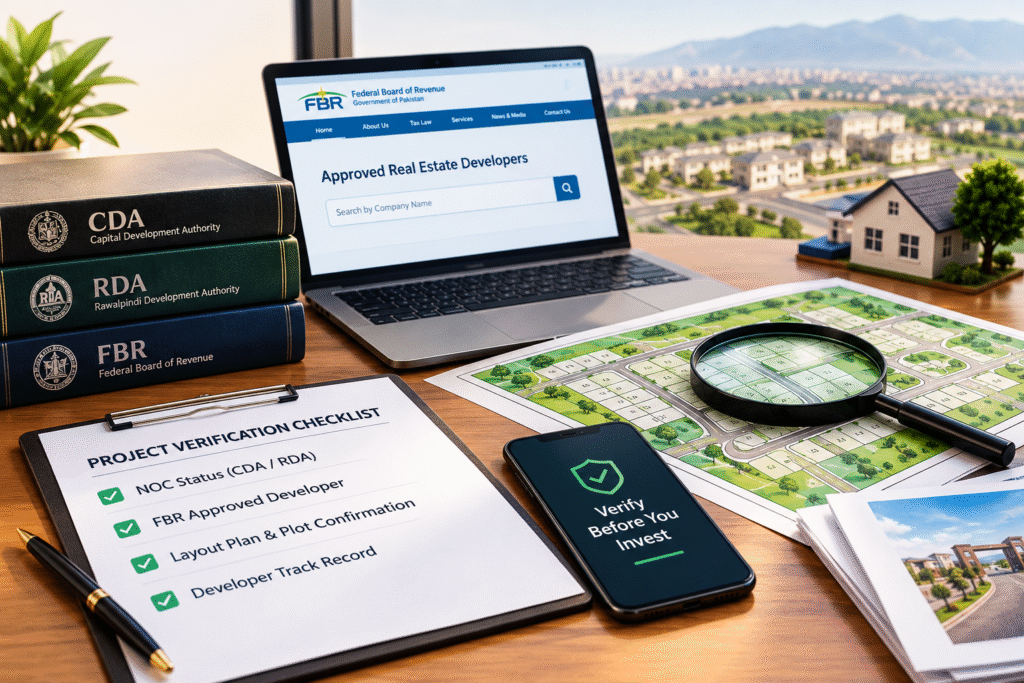 A real estate verification desk with a clipboard checklist, Pakistani authority books for CDA, RDA, and FBR, and a laptop displaying the FBR Approved Real Estate Developers portal.
