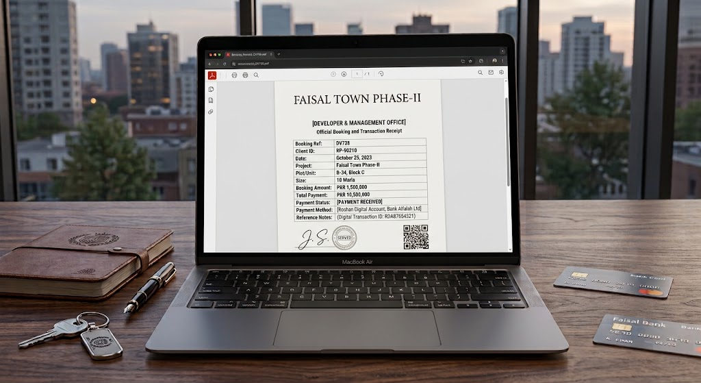 A laptop displaying an official Faisal Town Phase-II property booking receipt next to a Roshan Digital Account bank card on a desk.