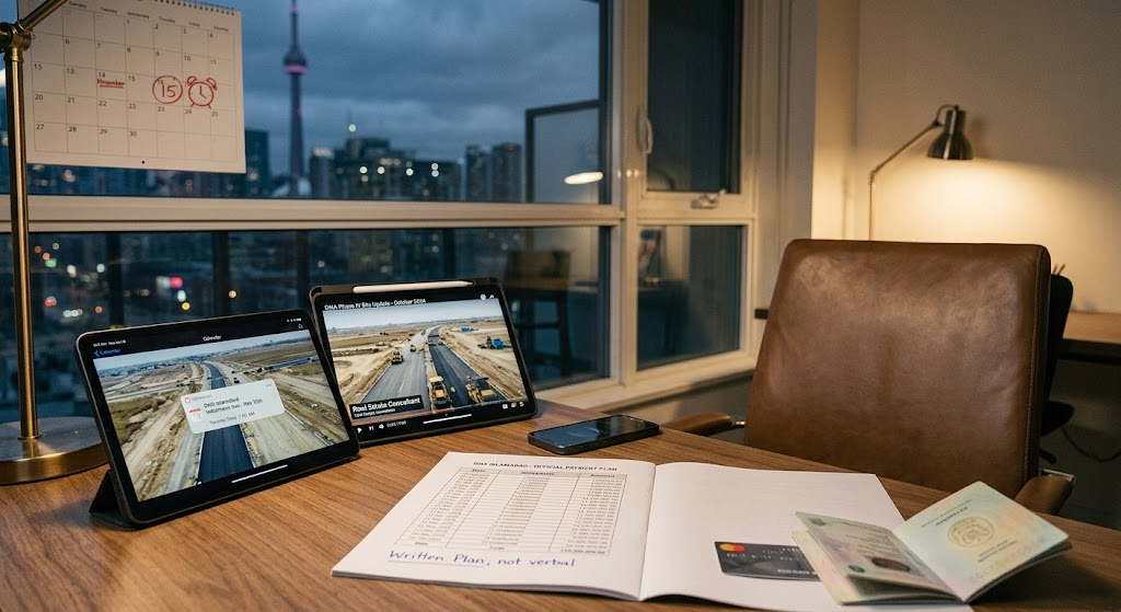A desk workspace in Canada showing an open Pakistani passport, a DHA Islamabad payment plan document, and tablets tracking property construction updates.