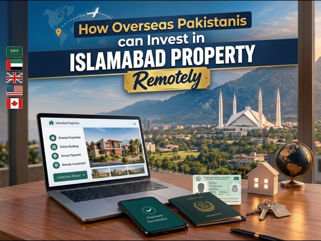 **SEO-Optimized Alt Text** `Modern workspace desk featuring a laptop displaying real estate listings and a smartphone showing a successful payment confirmation, set against a window view of Islamabad's Faisal Mosque.`